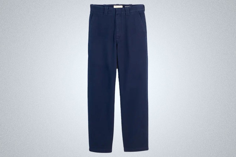 a pair of navy Madewell Vintage Fit Chino on a grey background